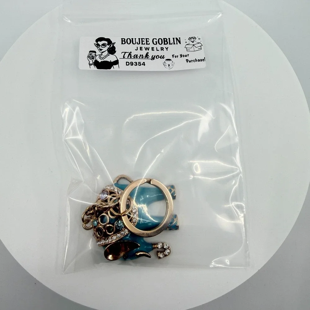 Vintage Teal Enamel Elephant Keychain with Gold Tone & Rhinestones